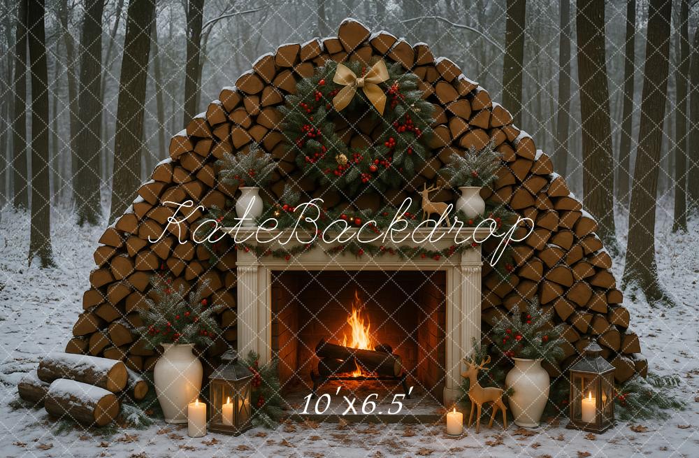 Kate Weihnachten Kamin Holzstapel Wald Hintergrund Entworfen von Ashley Paul - Kate Backdrop.de