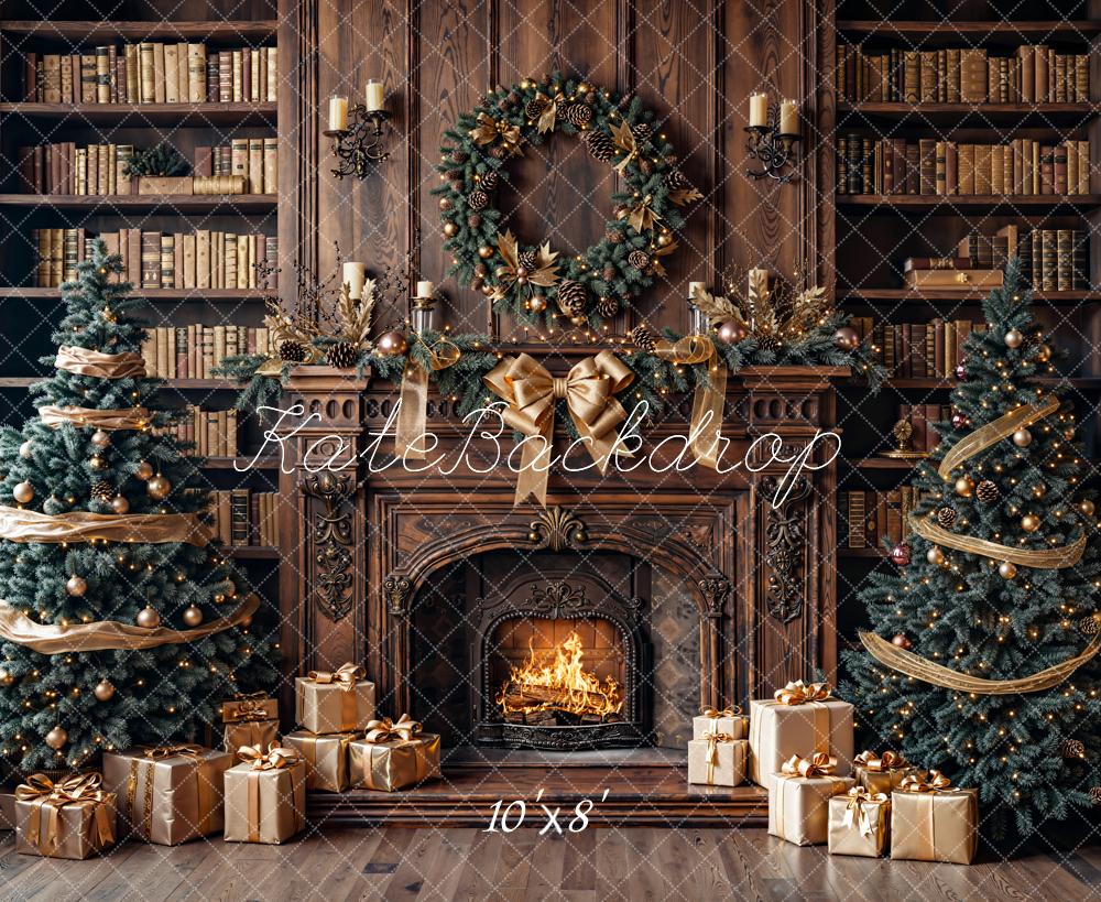 Kate Weihnachten Kamin Bücherregal Gold Fleece Hintergrund Entworfen von Emetselch - Kate Backdrop.de