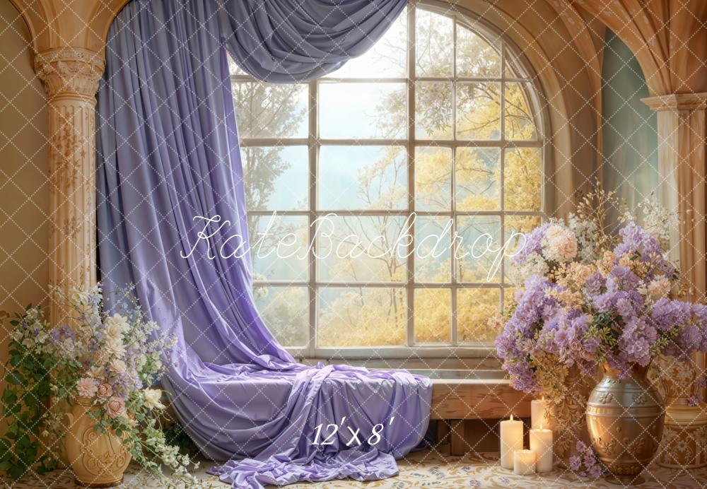 Kate Romantik Fenster Lila Vorhang Blumen Hintergrund Entworfen von Emetselch
