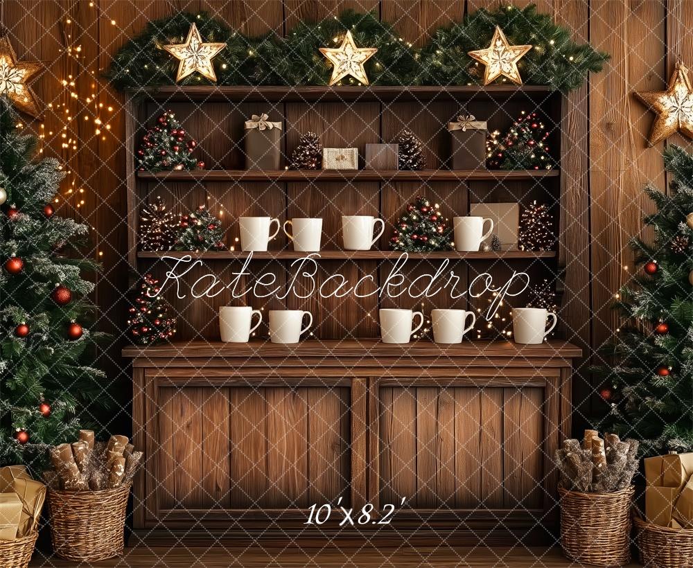 Kate Weihnachten Tannenbaum Geschenke Holz Braun Hintergrund Entworfen von Patty Roberts - Kate Backdrop.de