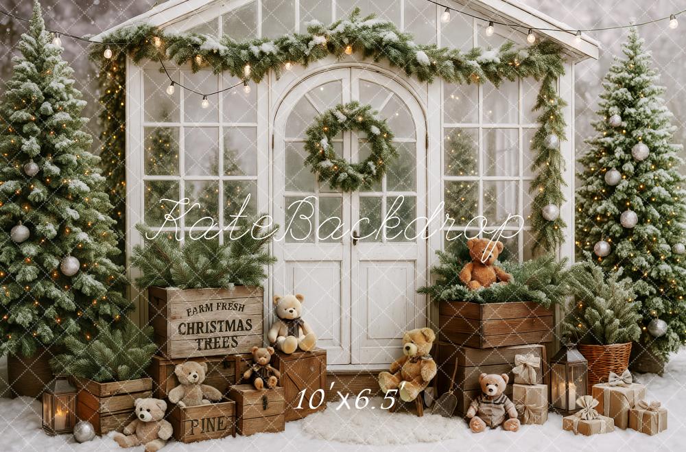 Kate Weihnachten Teddybären Geschenkboxen Winterhaus Hintergrund Entworfen von Patty Roberts - Kate Backdrop.de