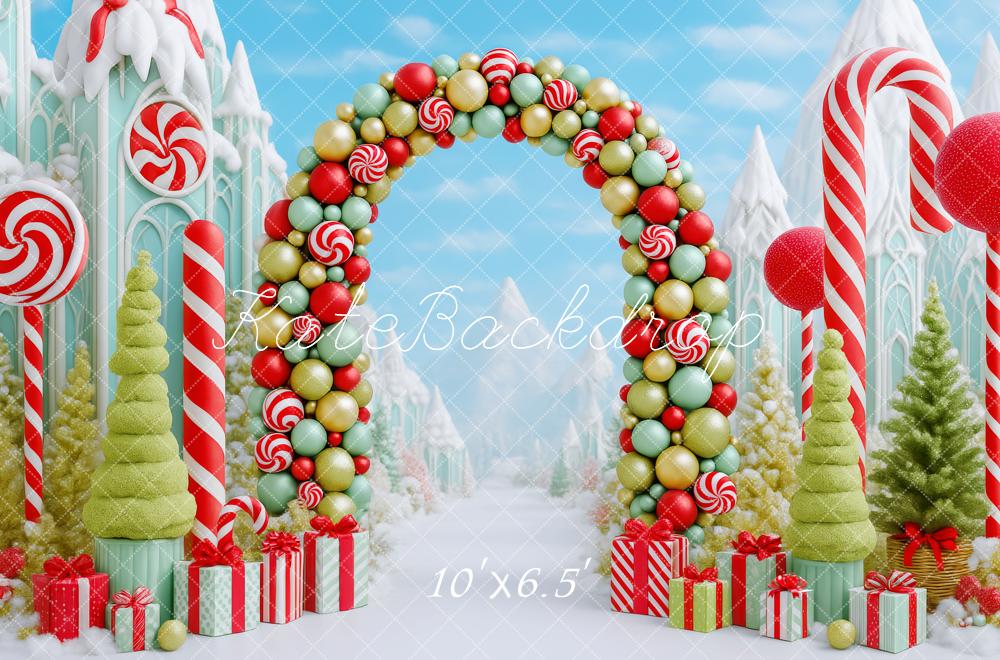 Kate Weihnachten Süßigkeitenbogen Schneelandschaft Bunt Hintergrund Entworfen von Patty Roberts - Kate Backdrop.de