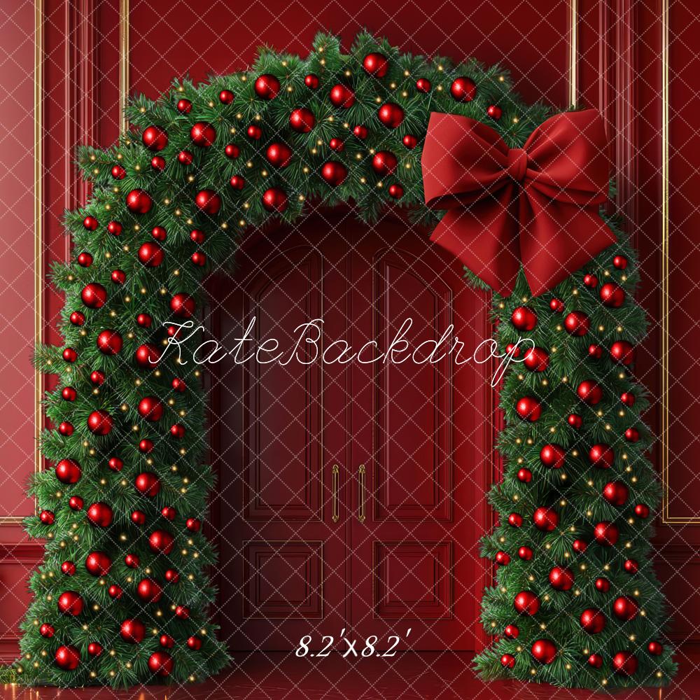 Kate Weihnachten Blumenbogen Tannenzweige Rot Hintergrund Entworfen von Mini MakeBelieve - Kate Backdrop.de