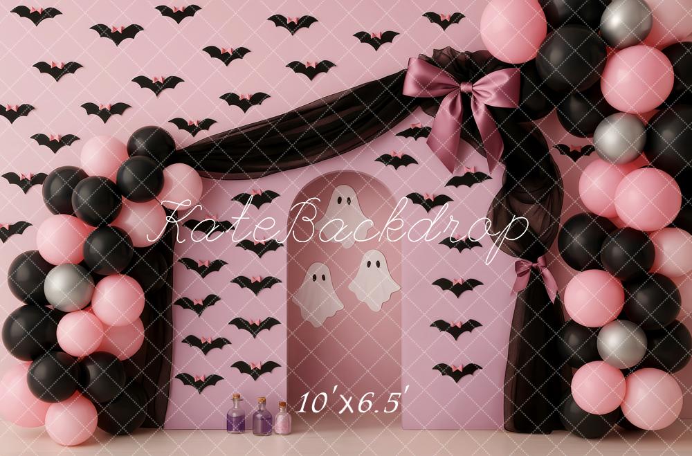 Kate Halloween Ballons Fledermäuse Rosa Hintergrund Entworfen von Patty Roberts - Kate Backdrop.de