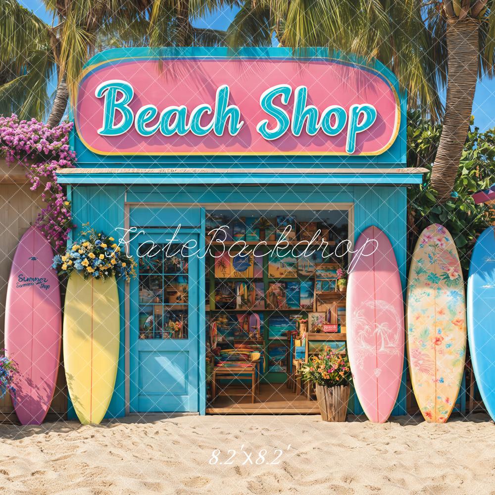 Kate Sommer Strandladen Surfbretter Bunt Hintergrund Entworfen von Emetselch - Kate Backdrop.de