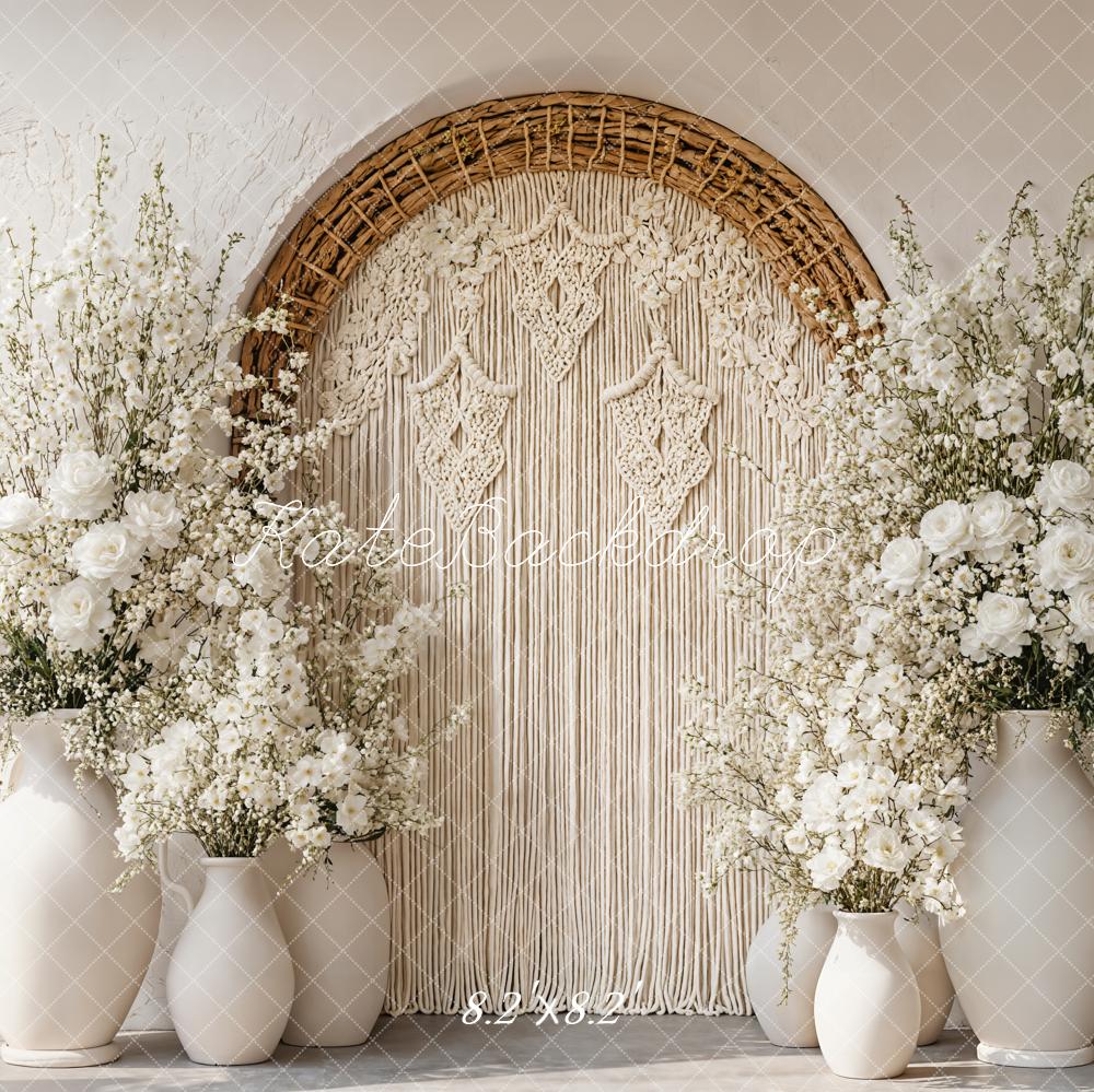 Kate Boho Bogen Makramee Blumen Weiß Hintergrund Entworfen von Emetselch - Kate Backdrop.de