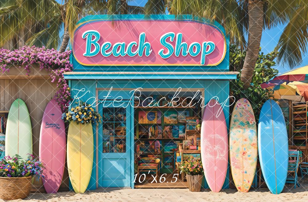 Kate Sommer Strandladen Surfbretter Bunt Hintergrund Entworfen von Emetselch - Kate Backdrop.de