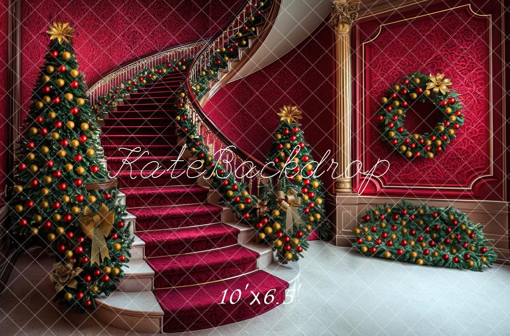 Kate Weihnachten Treppe Weihnachtsbaum Rot Hintergrund Entworfen von Mini MakeBelieve - Kate Backdrop.de