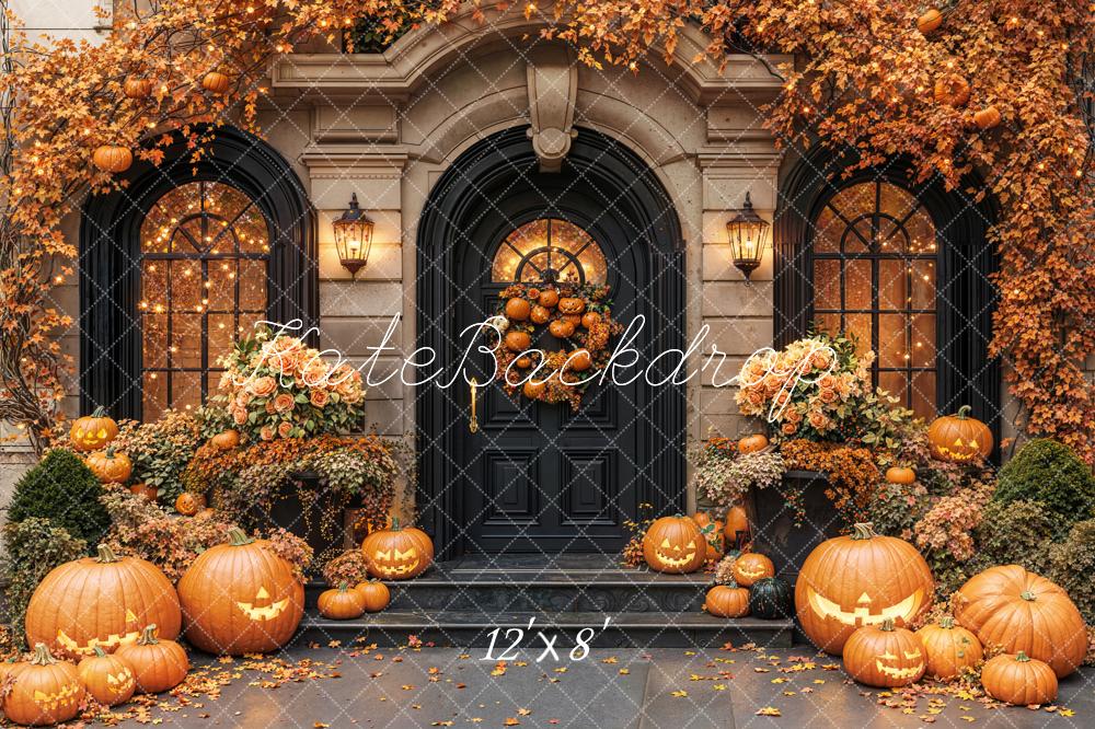 Kate Halloween Kürbisse Tür Herbstlaub Fleece Hintergrund Entworfen von Emetselch - Kate Backdrop.de
