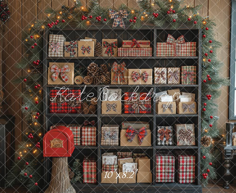 Kate Weihnachten Geschenkregal Tannenzweige Rustikal Hintergrund Entworfen von Mini MakeBelieve - Kate Backdrop.de