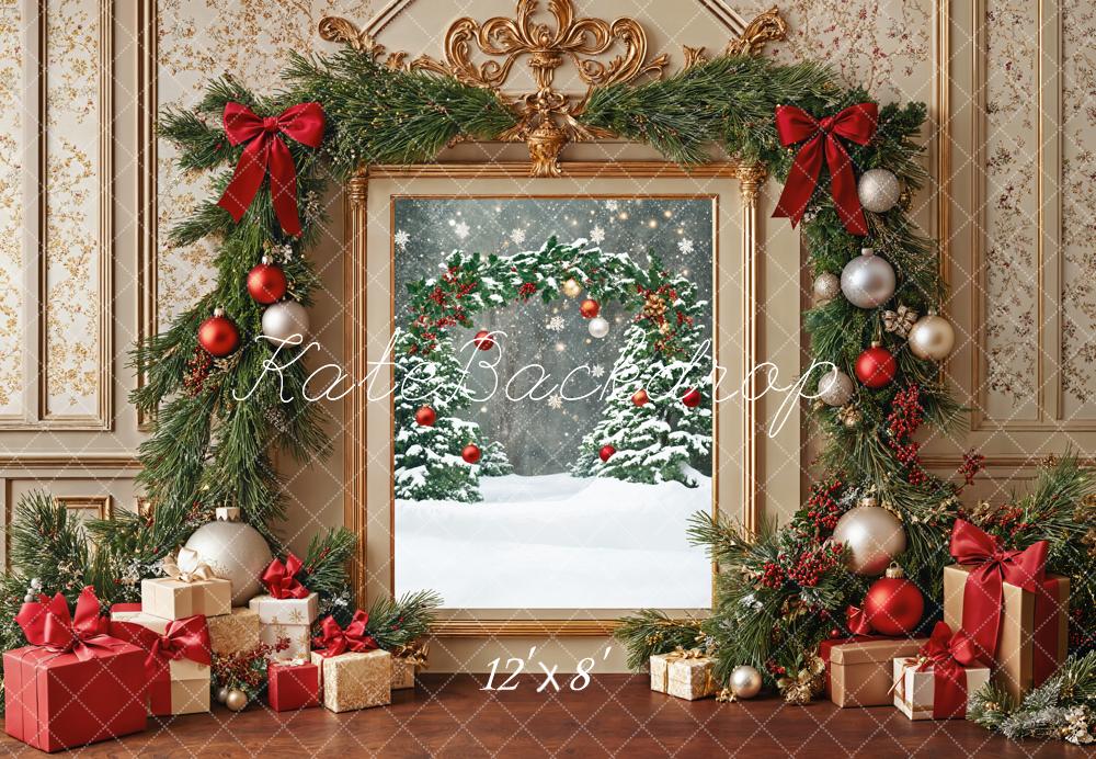 Kate Weihnachten Geschenke Kranz Rot Gold Fleece Hintergrund Entworfen von Emetselch - Kate Backdrop.de