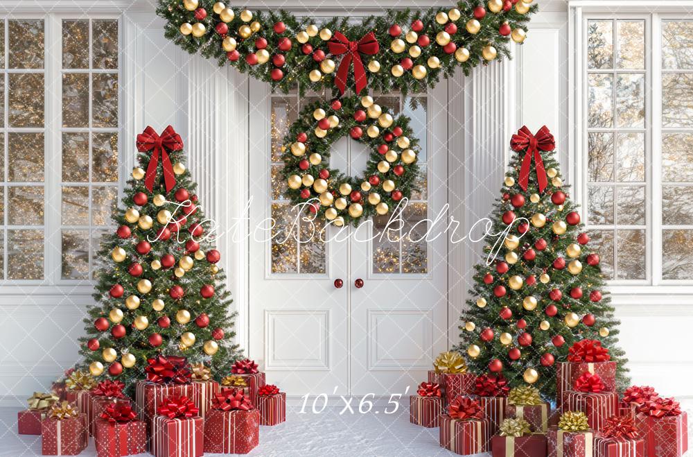 Kate Weihnachten Tannen Geschenke Weiß Hintergrund Entworfen von Mini MakeBelieve - Kate Backdrop.de
