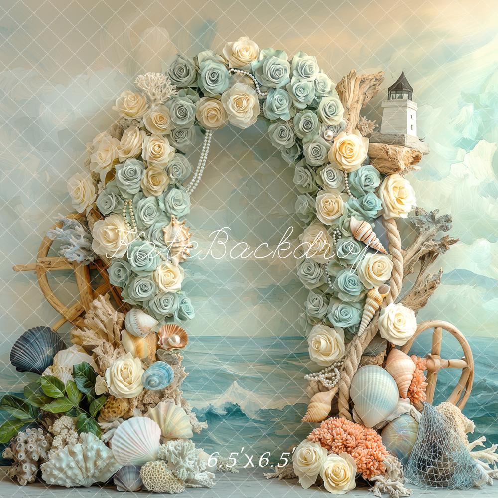 Kate Flower Bogen Muscheln Leuchtturm Pastell Hintergrund Entworfen von Mini MakeBelieve - Kate Backdrop.de