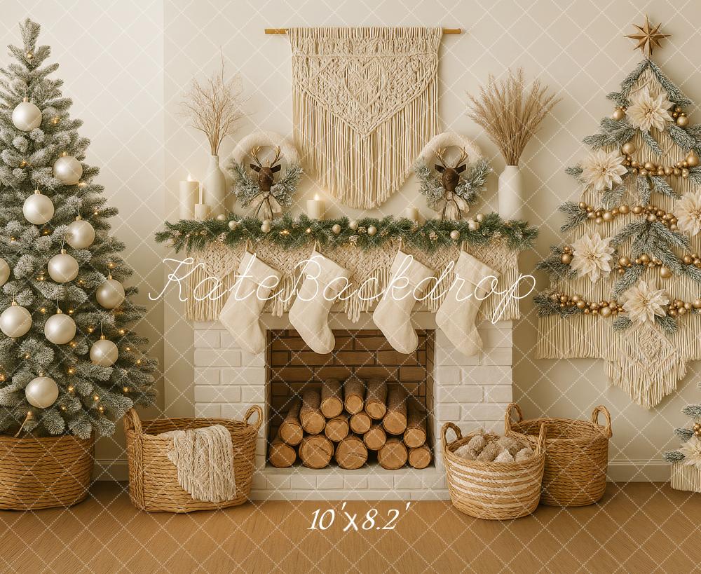 Kate Weihnachten Kamin Weihnachtsbaum Boho Hintergrund Entworfen von Ashley Paul - Kate Backdrop.de