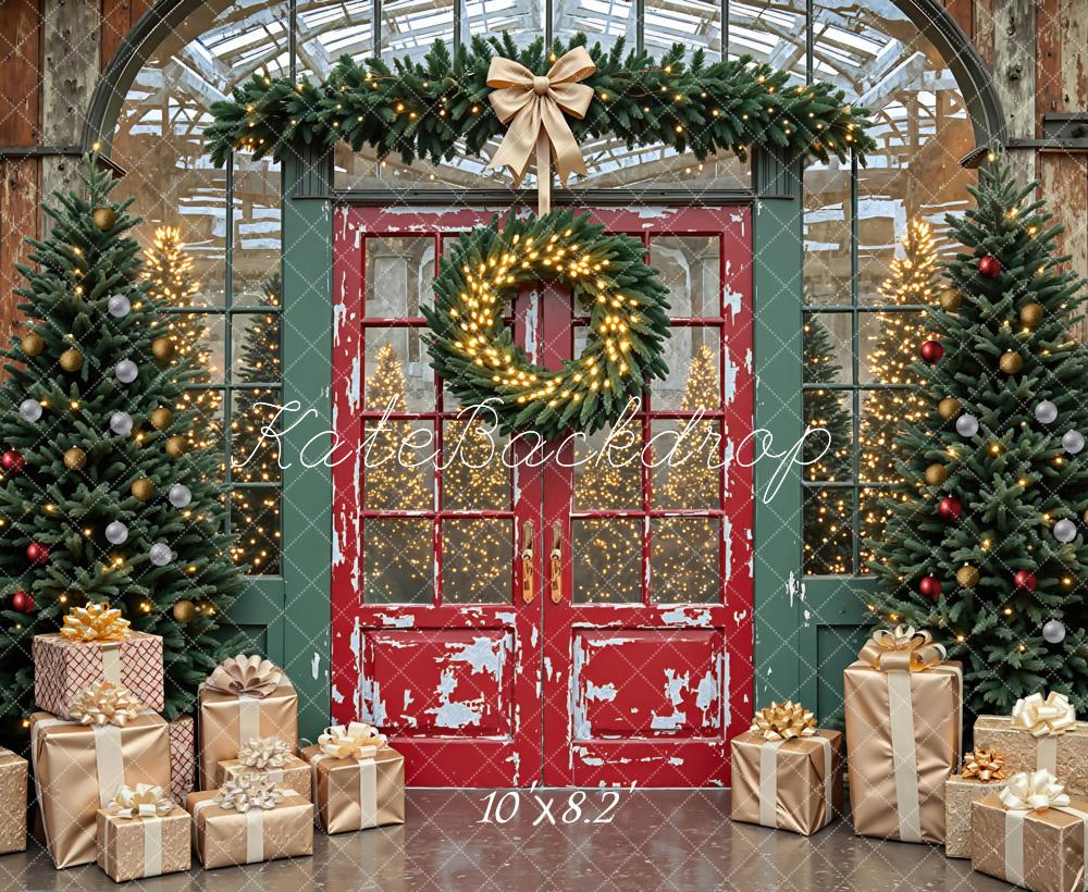 Kate Weihnachten Rote Tür Tannen Vintage Hintergrund Entworfen von Mini MakeBelieve - Kate Backdrop.de