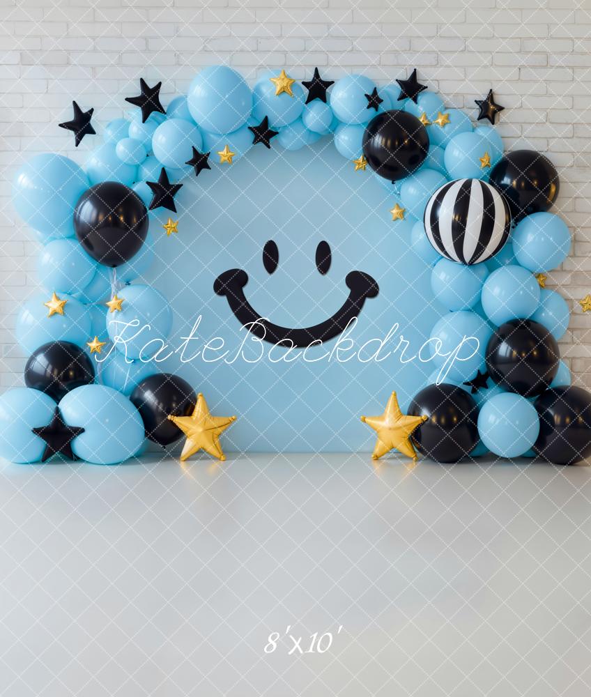 Kate Geburtstag Smiley Ballonbogen Blau Schwarz Fleece Hintergrund Entworfen von Emetselch - Kate Backdrop.de