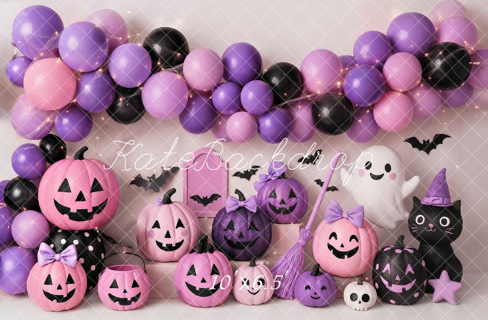 Kate Halloween Kürbisse Ballons Lila Hintergrund Entworfen von Ashley Paul - Kate Backdrop.de