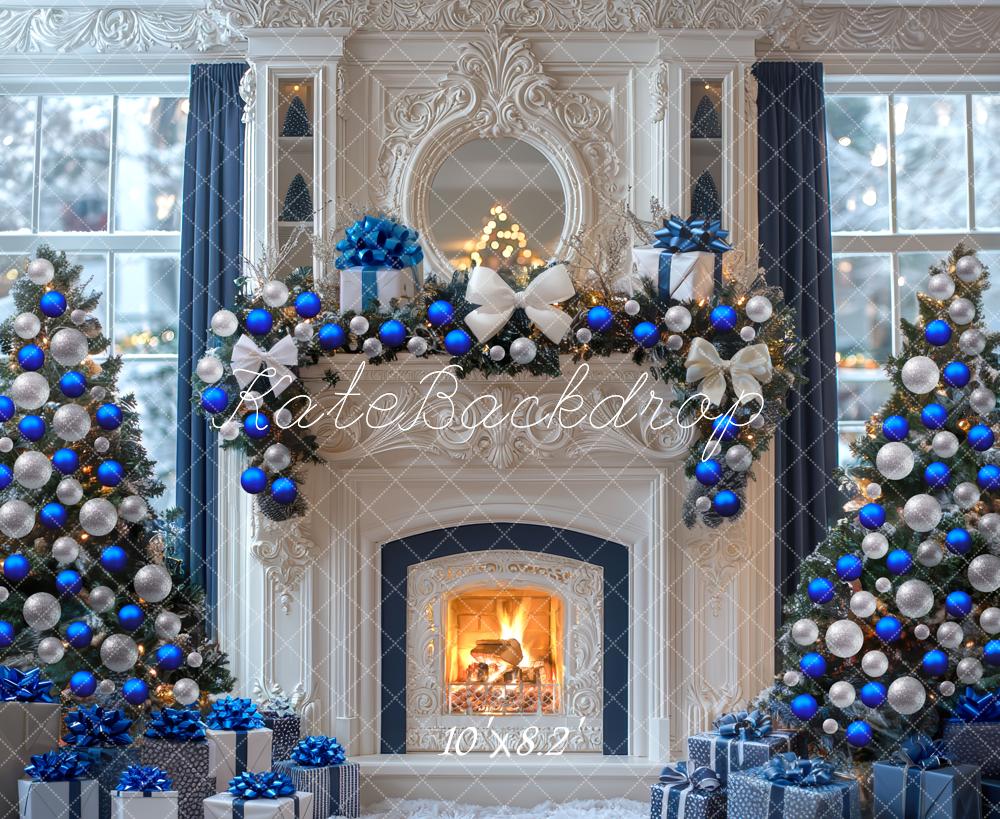 Kate Weihnachten Kamin Weihnachtsbaum Blau Hintergrund Entworfen von Mini MakeBelieve - Kate Backdrop.de