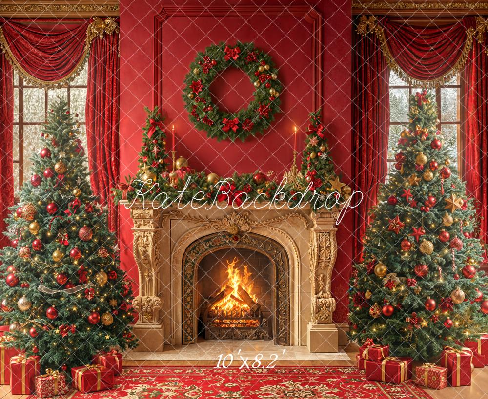 Kate Weihnachten Kamin Tannenbaum Rot Hintergrund Entworfen von Emetselch - Kate Backdrop.de