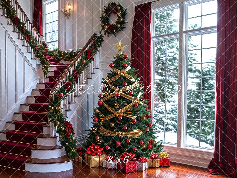 Kate Weihnachten Baum Geschenke Rot Hintergrund Entworfen von Mini MakeBelieve - Kate Backdrop.de