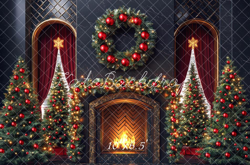 Kate Weihnachten Kamin Kranz Tannenbäume Hintergrund Entworfen von Mini MakeBelieve - Kate Backdrop.de