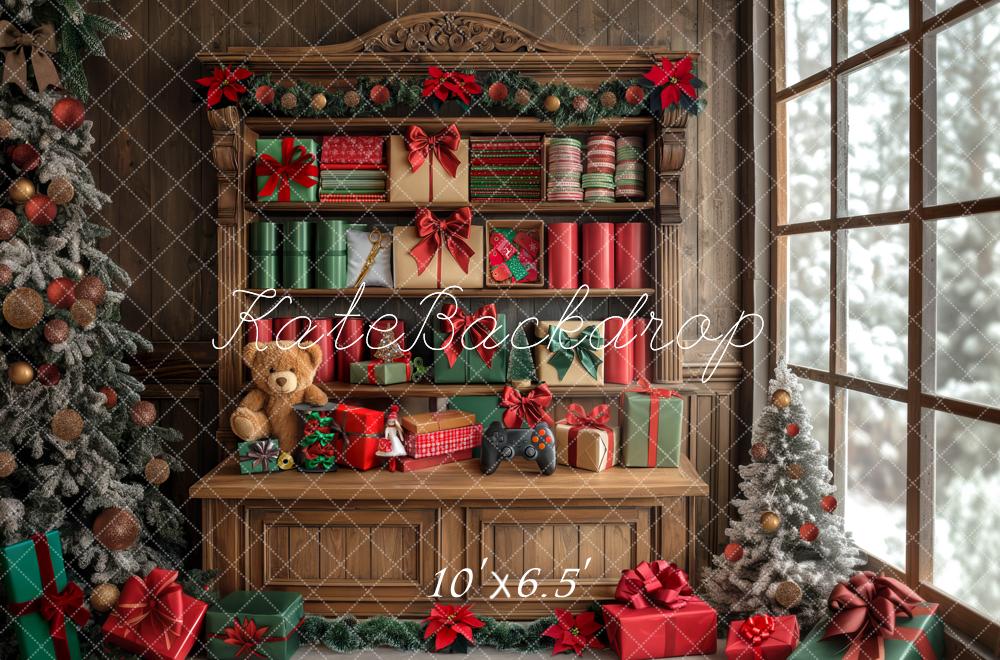 Kate Weihnachten Geschenke Schrank Braun Hintergrund Entworfen von Mini MakeBelieve - Kate Backdrop.de