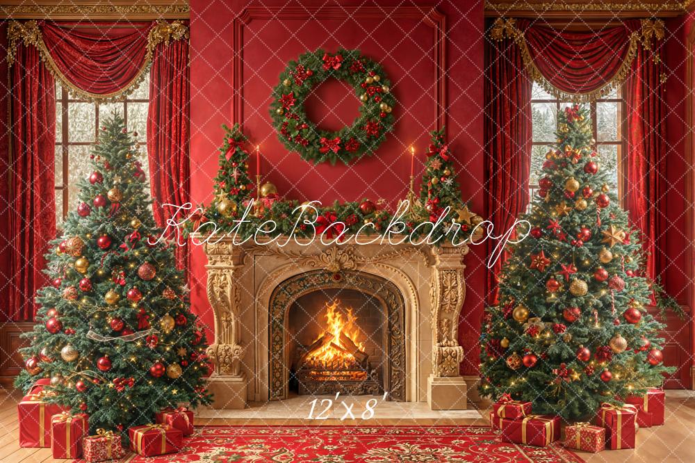 Kate Weihnachten Kamin Weihnachtsbaum Rot Fleece Hintergrund Entworfen von Emetselch - Kate Backdrop.de
