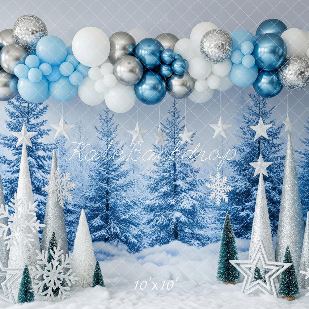 Kate Weihnachten Winterwald Ballons Blau Silber Hintergrund Entworfen von Patty Roberts
