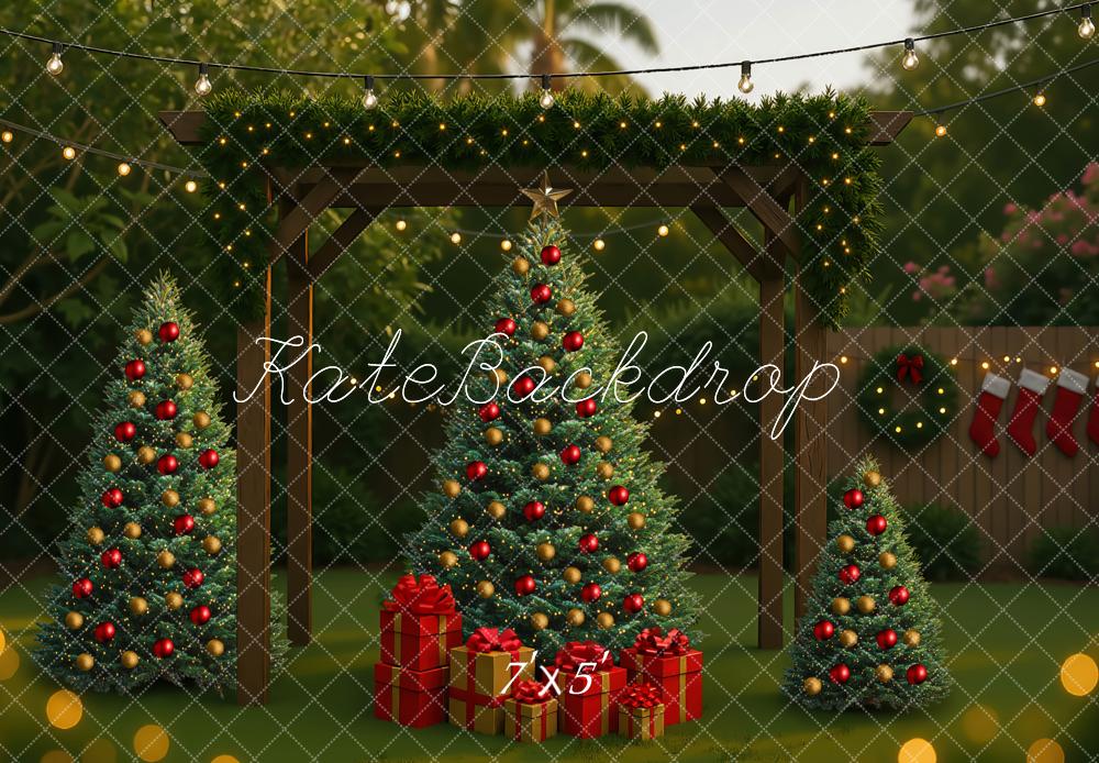 Kate Weihnachten Tannenbäume Geschenkboxen Lichter Hintergrund Entworfen von Mini MakeBelieve - Kate Backdrop.de