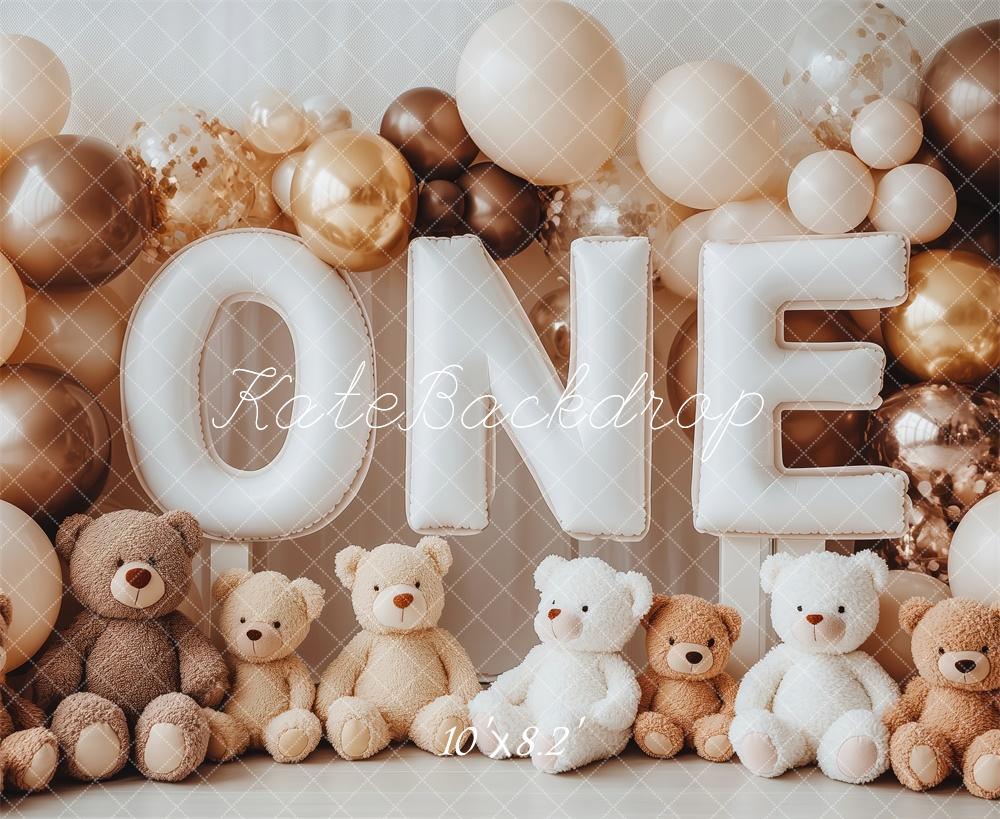 Kate Geburtstag Eins Teddybären Ballons Beige Hintergrund Entworfen von Patty Roberts