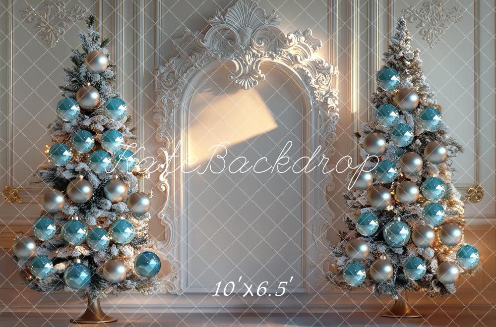 Kate Weihnachten Tannenbäume Blaue Kugeln Elegant Hintergrund Entworfen von Mini MakeBelieve - Kate Backdrop.de