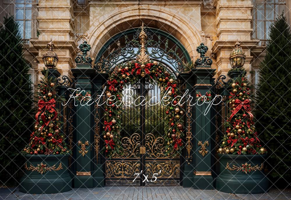 Kate Weihnachten Palasttor Girlande Goldgrün Hintergrund Entworfen von Emetselch - Kate Backdrop.de