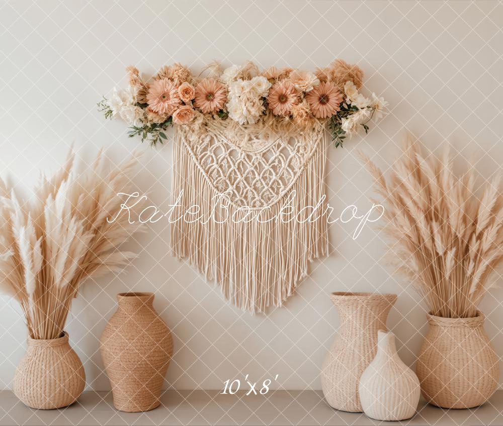 Kate Boho Makramee Pampasgras Beige Fleece Hintergrund Entworfen von Emetselch - Kate Backdrop.de