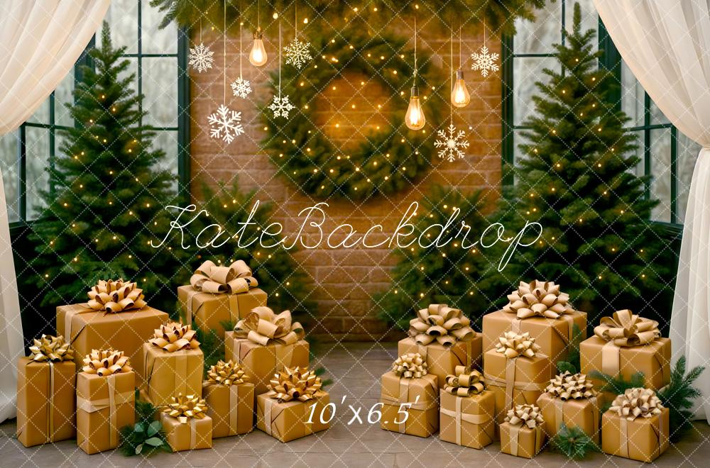 Kate Weihnachten Geschenke Tannen Lichter Warm Hintergrund Entworfen von Mini MakeBelieve - Kate Backdrop.de
