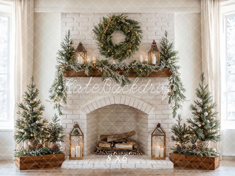 Kate Weihnachten Kamin Tannenzweige Weiß Hintergrund Entworfen von Emetselch - Kate Backdrop.de