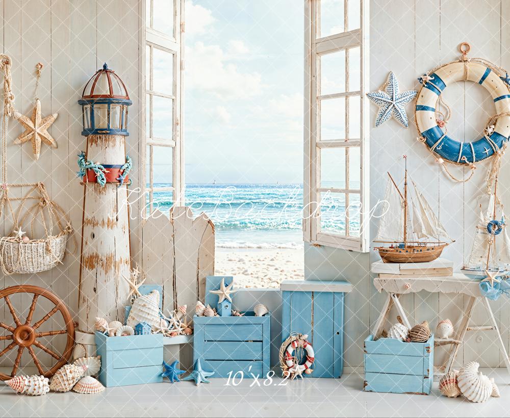 Kate Sommer Maritim Leuchtturm Fenster Blau Hintergrund Entworfen von Emetselch - Kate Backdrop.de