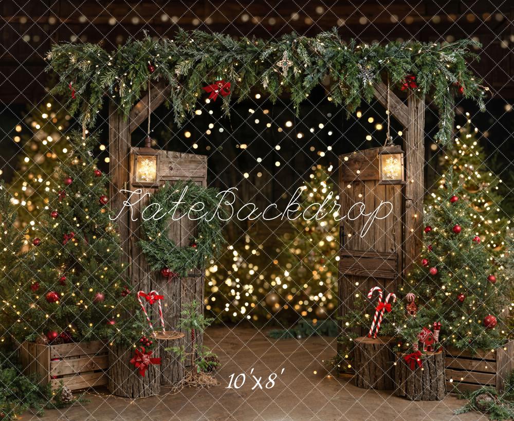 Kate Weihnachten Holztor Weihnachtsbaum Warmlicht Fleece Hintergrund Entworfen von Emetselch - Kate Backdrop.de
