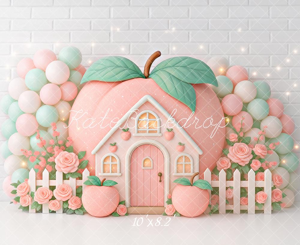 Kate Geburtstag Pfirsich Haus Ballons Pastell Hintergrund Entworfen von Ashley Paul - Kate Backdrop.de