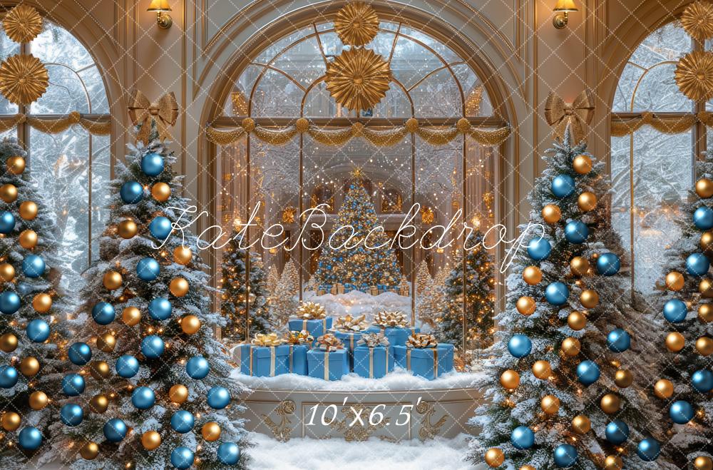 Kate Weihnachten Tannenbaum Geschenke Blau Gold Hintergrund Entworfen von Mini MakeBelieve - Kate Backdrop.de