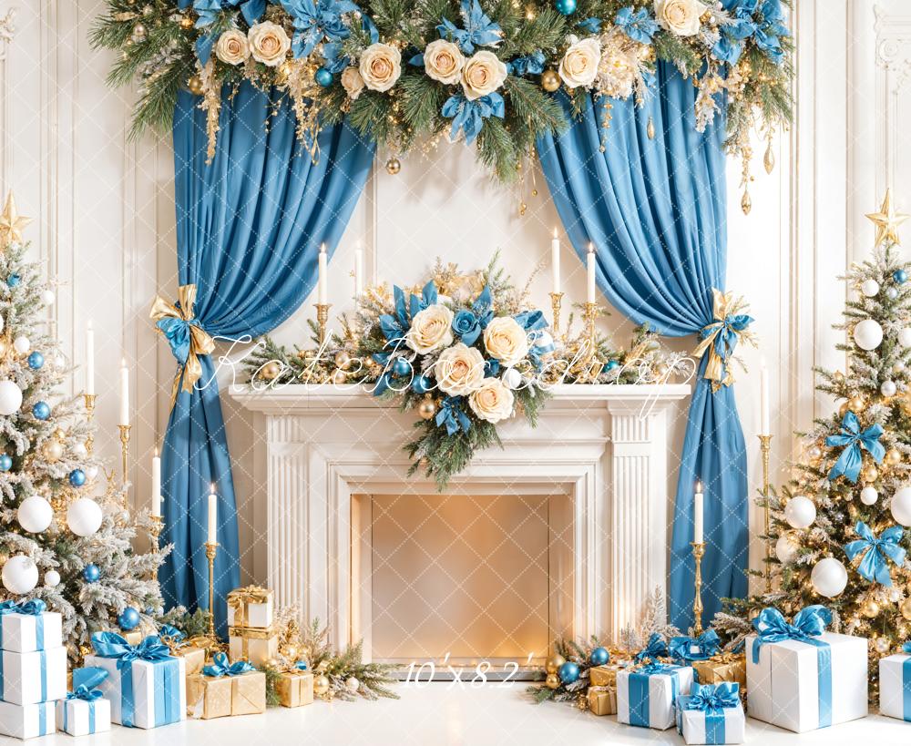 Kate Weihnachten Kamin Geschenke Blau Gold Hintergrund Entworfen von Emetselch - Kate Backdrop.de