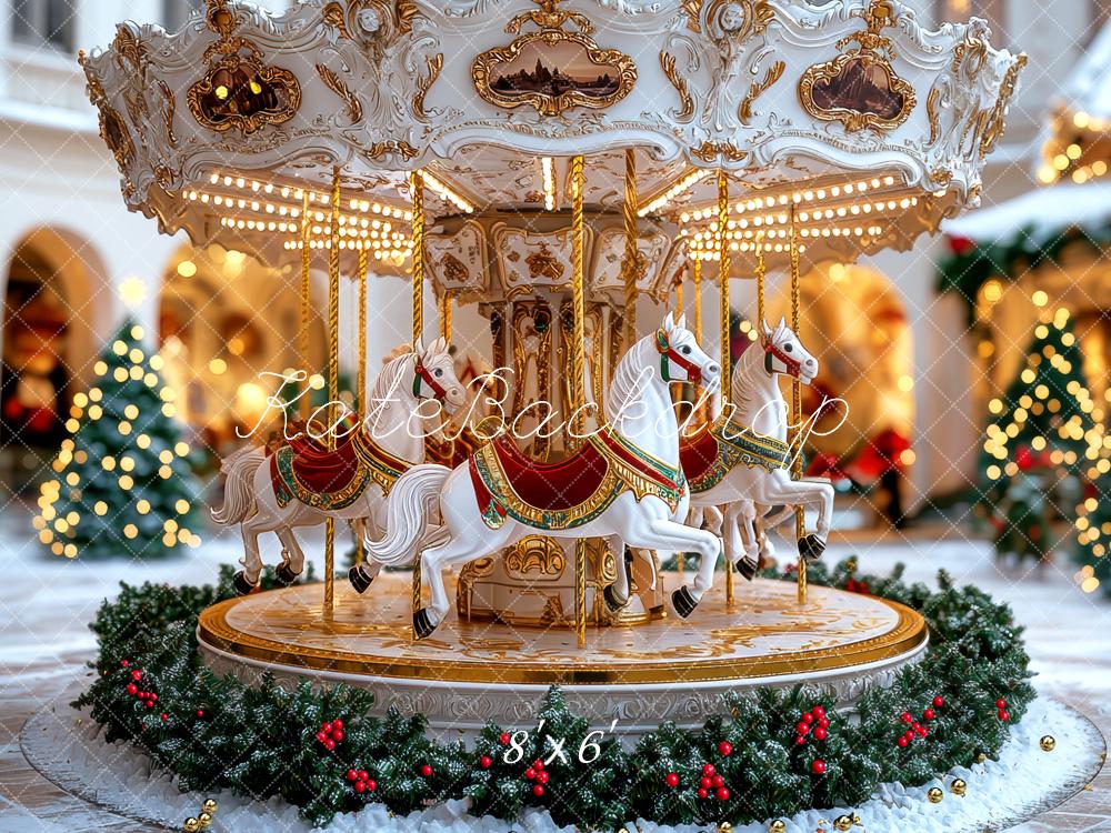 Kate Weihnachten Karussell Pferde Gold Hintergrund Entworfen von Mini MakeBelieve - Kate Backdrop.de