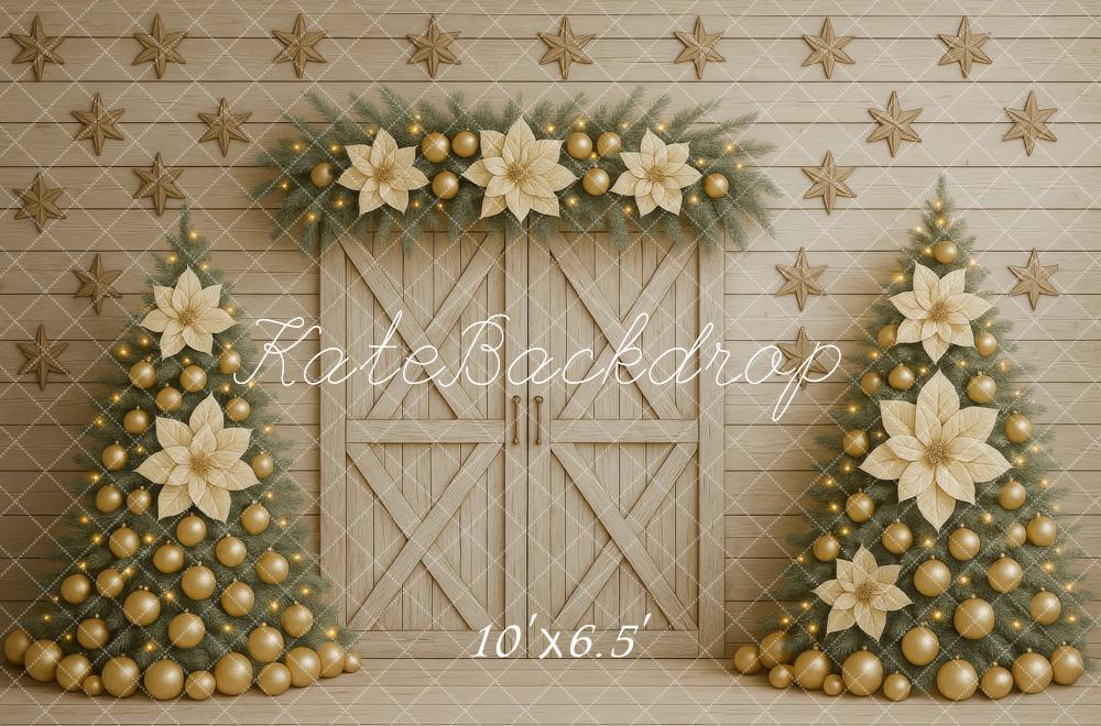 Kate Weihnachten Tannenbäume Gold Beige Hintergrund Entworfen von Megan Leigh - Kate Backdrop.de