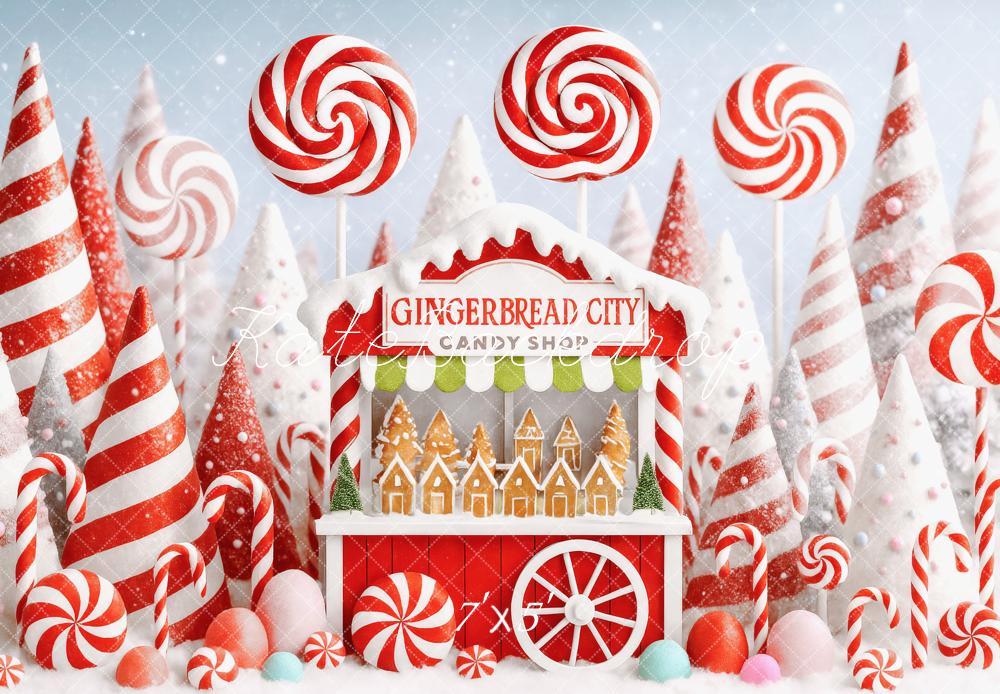 Kate Weihnachten Bonbonhaus Zuckerstangen Rot Weiß Hintergrund Entworfen von Patty Roberts - Kate Backdrop.de