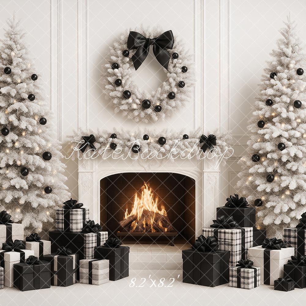 Kate Weihnachten Kamin Weiße Tannen Schwarz Weiß Hintergrund Entworfen von Ashley Paul - Kate Backdrop.de