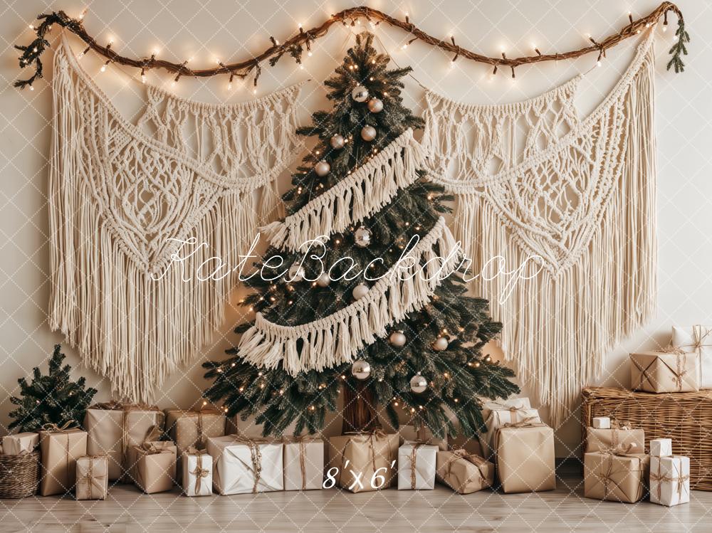 Kate Weihnachten Weihnachtsbaum Makramee Beige Hintergrund Entworfen von Ashley Paul - Kate Backdrop.de