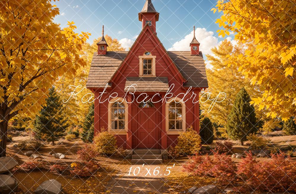 Kate Herbst Rotes Haus Goldene Blätter Hintergrund Entworfen von Emetselch - Kate Backdrop.de