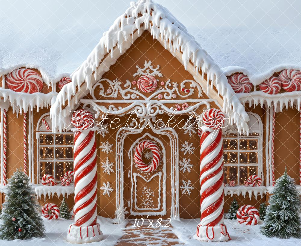 Kate Weihnachten Lebkuchenhaus Zuckerstangen Schnee Hintergrund Entworfen von Emetselch - Kate Backdrop.de