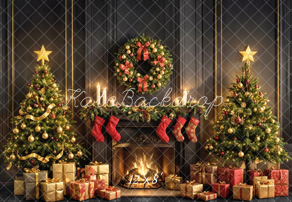 Kate Weihnachten Kamin Tannenbaum Gold Fleece Hintergrund Entworfen von Emetselch - Kate Backdrop.de