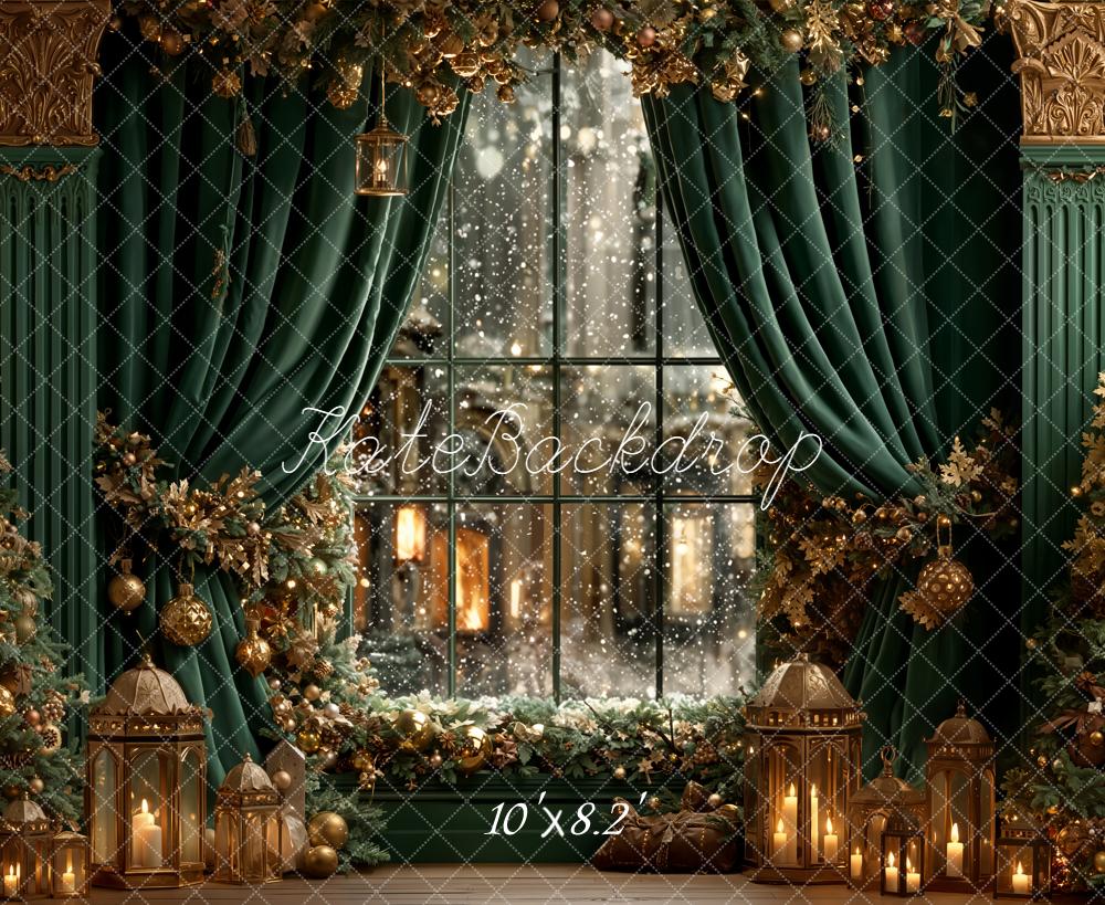 Kate Weihnachten Fenster Tannenzweige Goldgrün Hintergrund Entworfen von Emetselch - Kate Backdrop.de