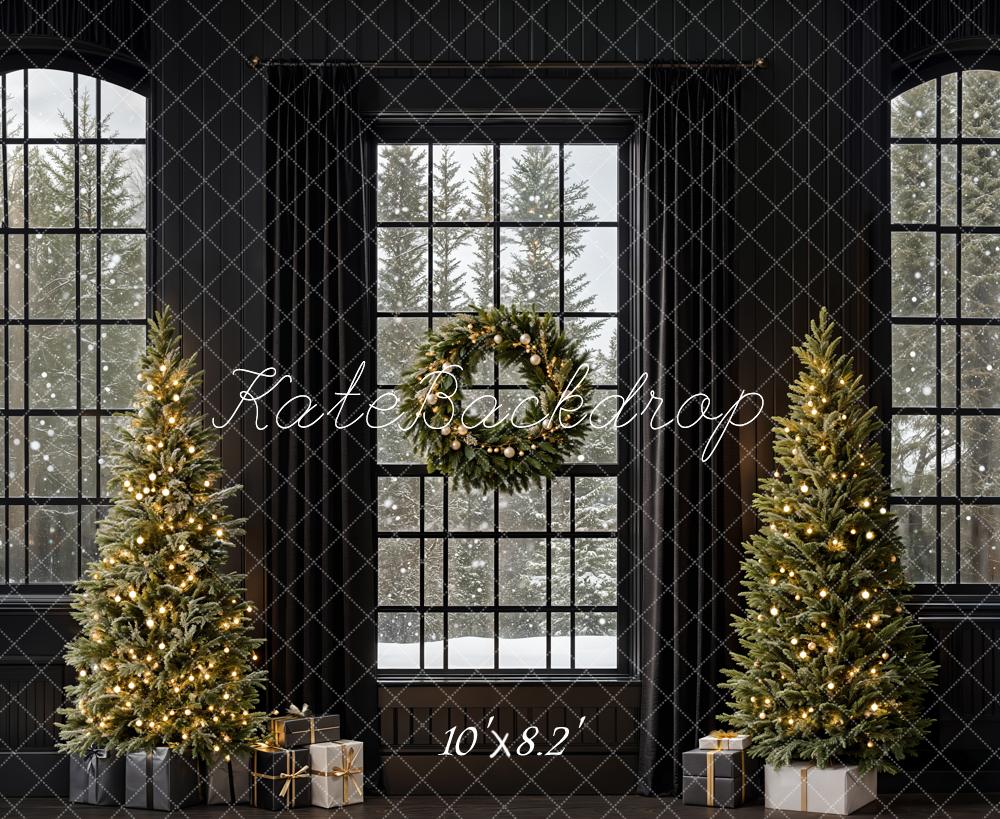 Kate Weihnachten Tannenbäume Fenster Kranz Schwarz Hintergrund Entworfen von Emetselch